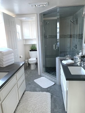 Combined shower/tub, hair dryer, towels, soap