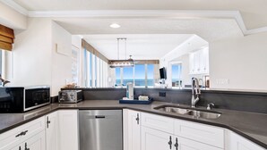 A modern kitchen with white cabinets, a stainless steel dishwasher, a black microwave, and a toaster. There is a large window providing a view of the ocean.