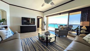 Smart TV, fireplace, DVD player, stereo