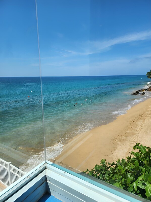 On the beach, sun loungers, beach towels