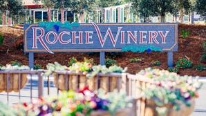 A sign for Roche Winery with a wooden border and grapevine decorations.