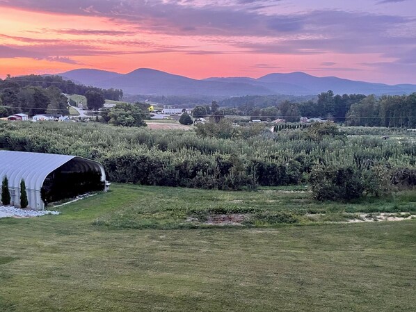A rural landscape with a green field, a covered structure, and distant mountains under a sunset sky.