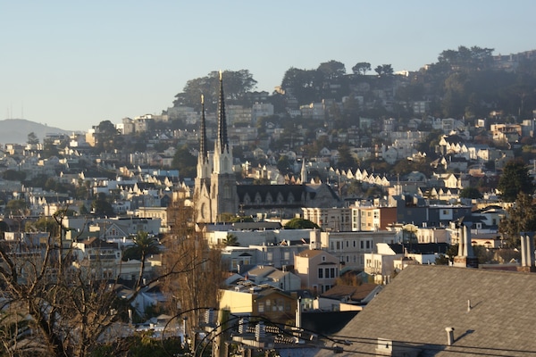 High above the rooftops of San Francisco in neighborhood of Noe Valley.