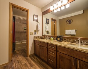 Combined shower/tub, hair dryer, soap, shampoo