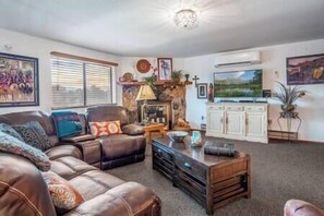 Smart TV, fireplace, books