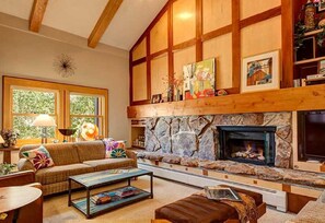 Smart TV, fireplace, DVD player, stereo