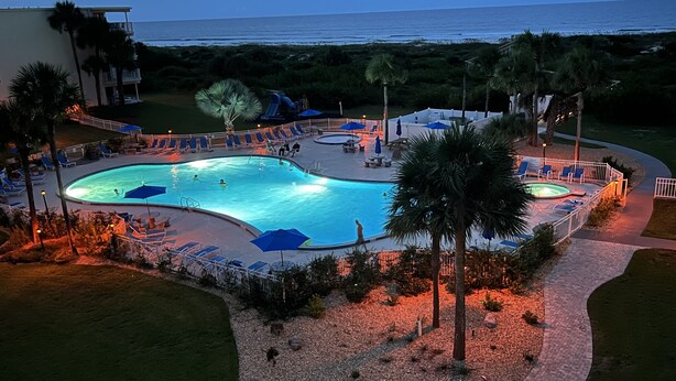 A pool area with lounge chairs and umbrellas, surrounded by palm trees and a view of the ocean.