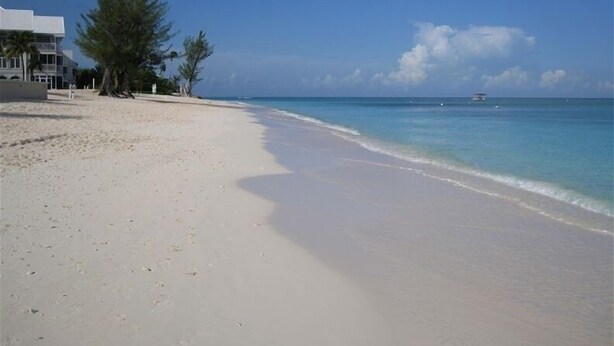 A beach with white sand, clear blue water, and a few trees.