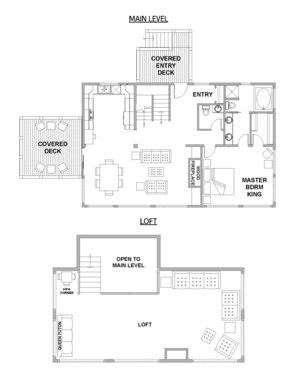 A hotel floor plan with a covered deck, entry, kitchen, master bedroom, and a loft area. - Northern Comfort Overlooking Caribou Lake- Spacious and Secluded (Lutsen)