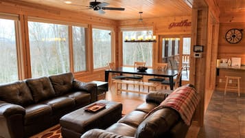 Smart TV, fireplace, video games, DVD player