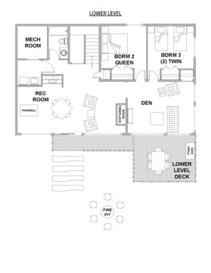 A hotel floor plan with a lower level deck, a rec room, a mech room, two BDRM rooms, a den, a gas grill, and a fire pit area. - Northern Comfort Overlooking Caribou Lake- Spacious and Secluded (Lutsen)