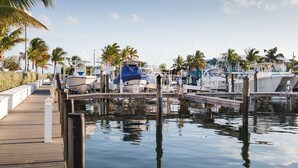 A marina with boats docked, a wooden walkway, and palm trees. - Waterfront, saltwater lagoon, 2 pools, ocean access, marina, tennis, pickleball (Key Largo)