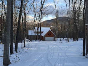 A cabin with a snow-covered roof and a garage, surrounded by a forest with a clear sky.