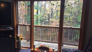 A room with a large window overlooking a deck and a forest. There is a TV on a shelf, a small table with a vase of flowers, and a chair. - Multi-Family Getaway at Raystown Lake in Central PA (Entriken)