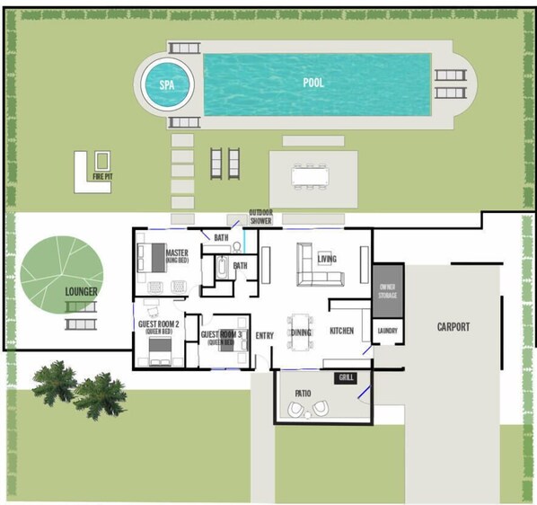 A floor plan of a hotel with a pool, spa, and a carport. - PS Chill: Meticulous Mid-Century Features Modern Comfort and Views! (Palm Springs)