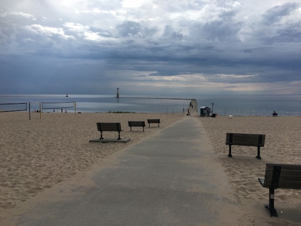 Beach nearby, sun loungers