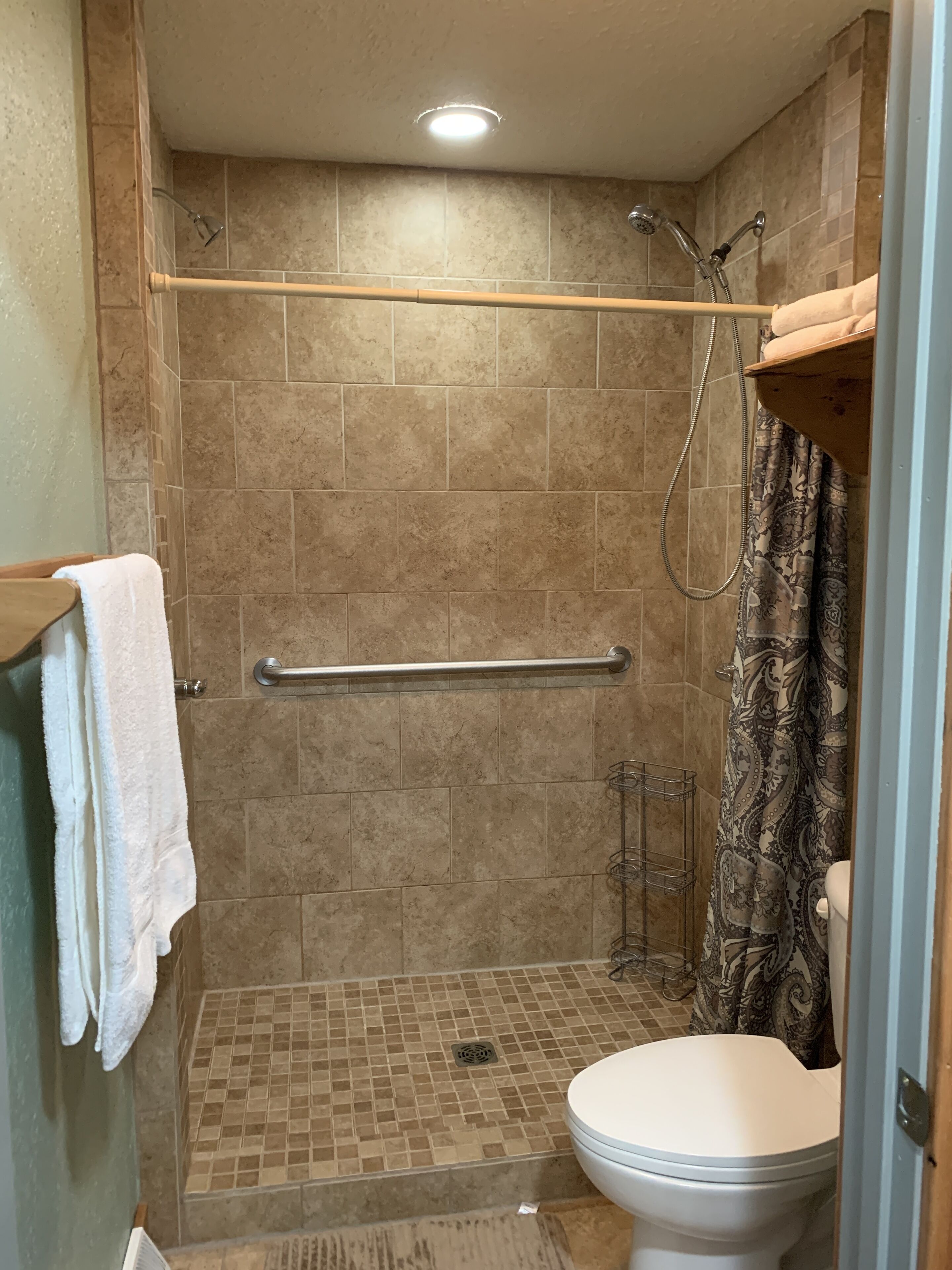 Eine Dusche mit Haltegriff, eine Toilette und ein duschvorhang mit Muster.