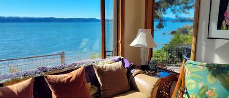 Flat-screen TV, fireplace, DVD player, music library