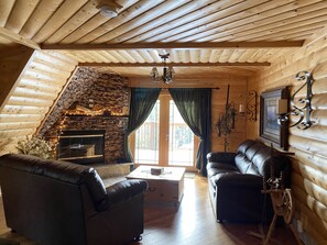 TV connectée, cheminée, lecteur de DVD, livres