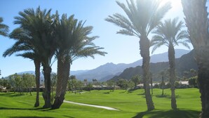 Un campo de golf con palmeras y cielo despejado.