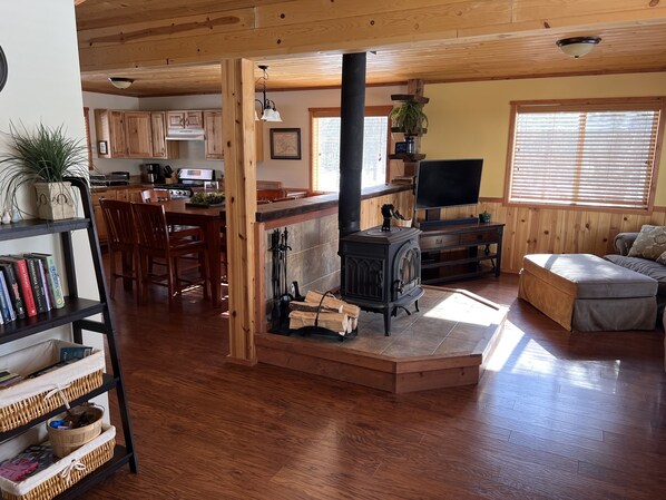 Smart TV, chimenea, reproductor de DVD y libros