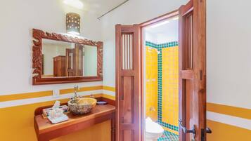 Shower, towels, soap, toilet paper