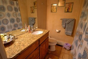 Bathtub, hair dryer, towels