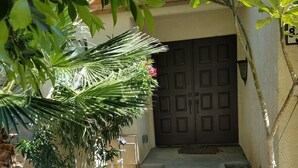 A concrete pathway leading to a door with a decorative pattern, surrounded by greenery and a small garden area.