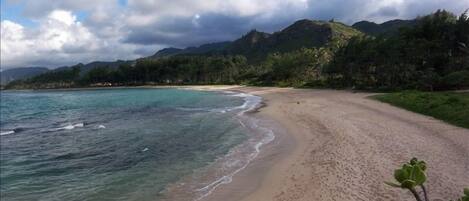 On the beach, sun-loungers, beach towels