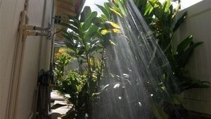 A garden area with a water feature and plants.