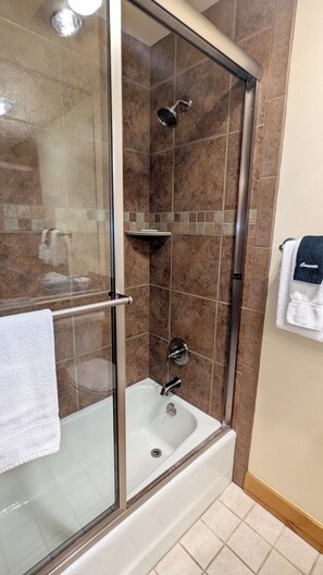 Combined shower/tub, hair dryer, towels, soap