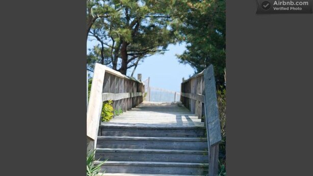 Un escalier en bois menant à un niveau supérieur, entouré d’arbres et surplombant un ciel dégagé.
