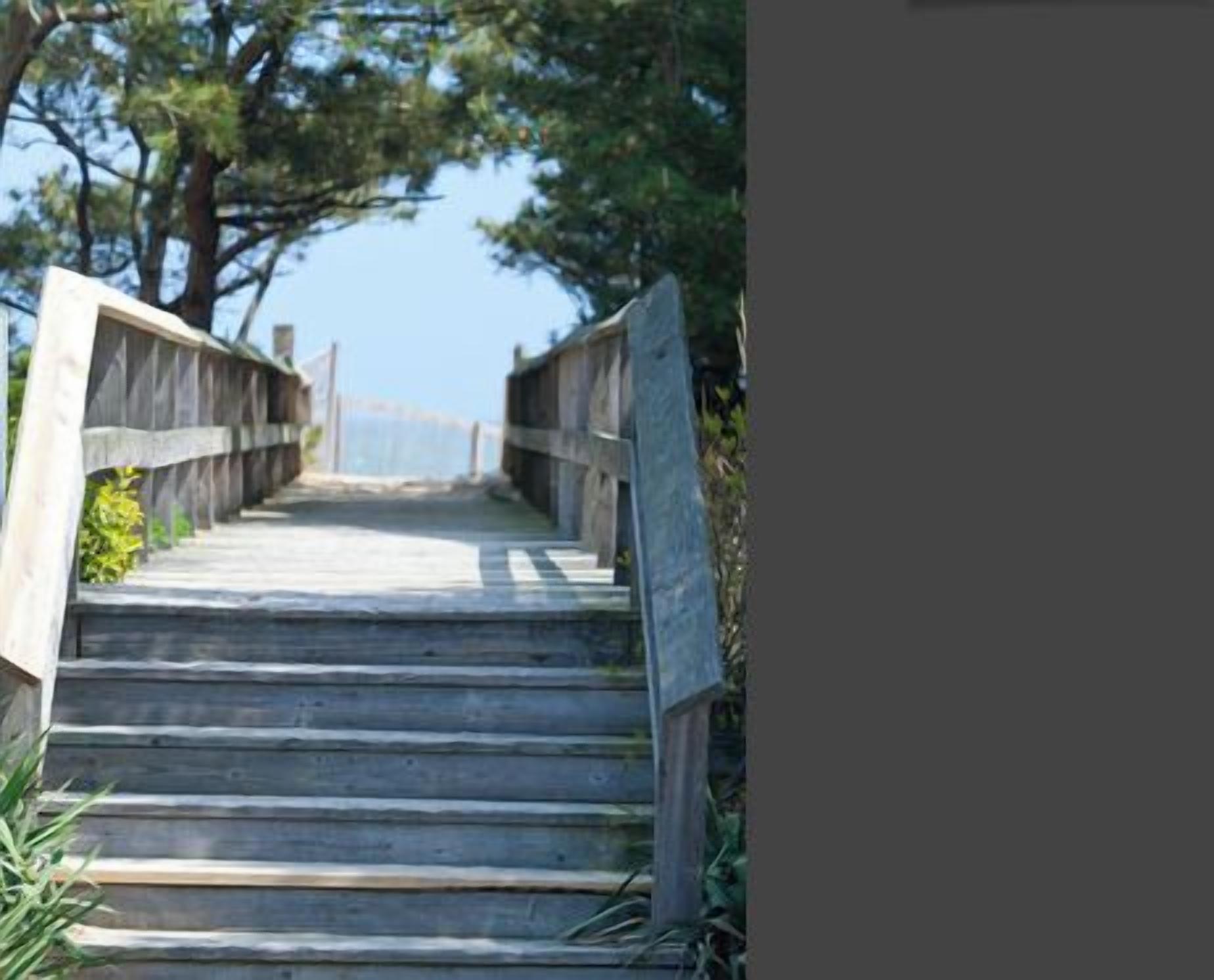 Un escalier en bois menant à un niveau supérieur, entouré d’arbres et surplombant un ciel dégagé.