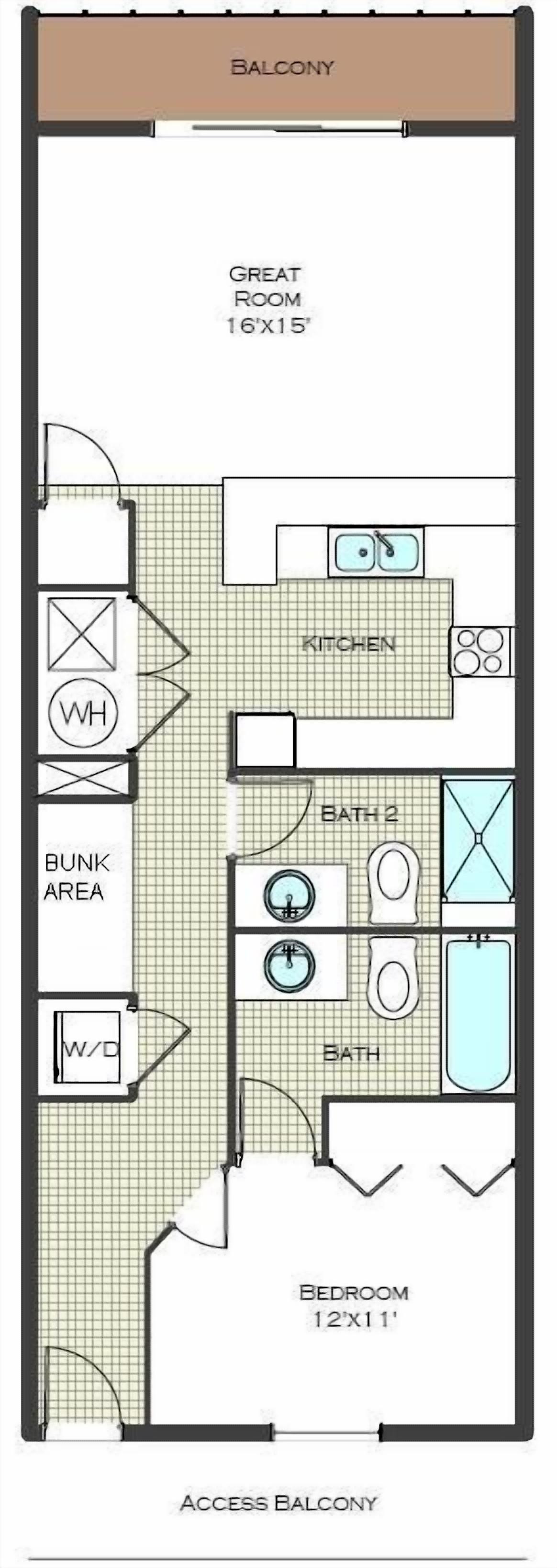 Grundplan over et hotelværelse med balkon, tekøkken, to badeværelser og et soveværelse.