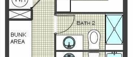 Grundplan over et hotelværelse med balkon, tekøkken, to badeværelser og et soveværelse.