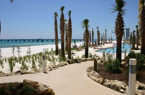 On the beach, sun loungers