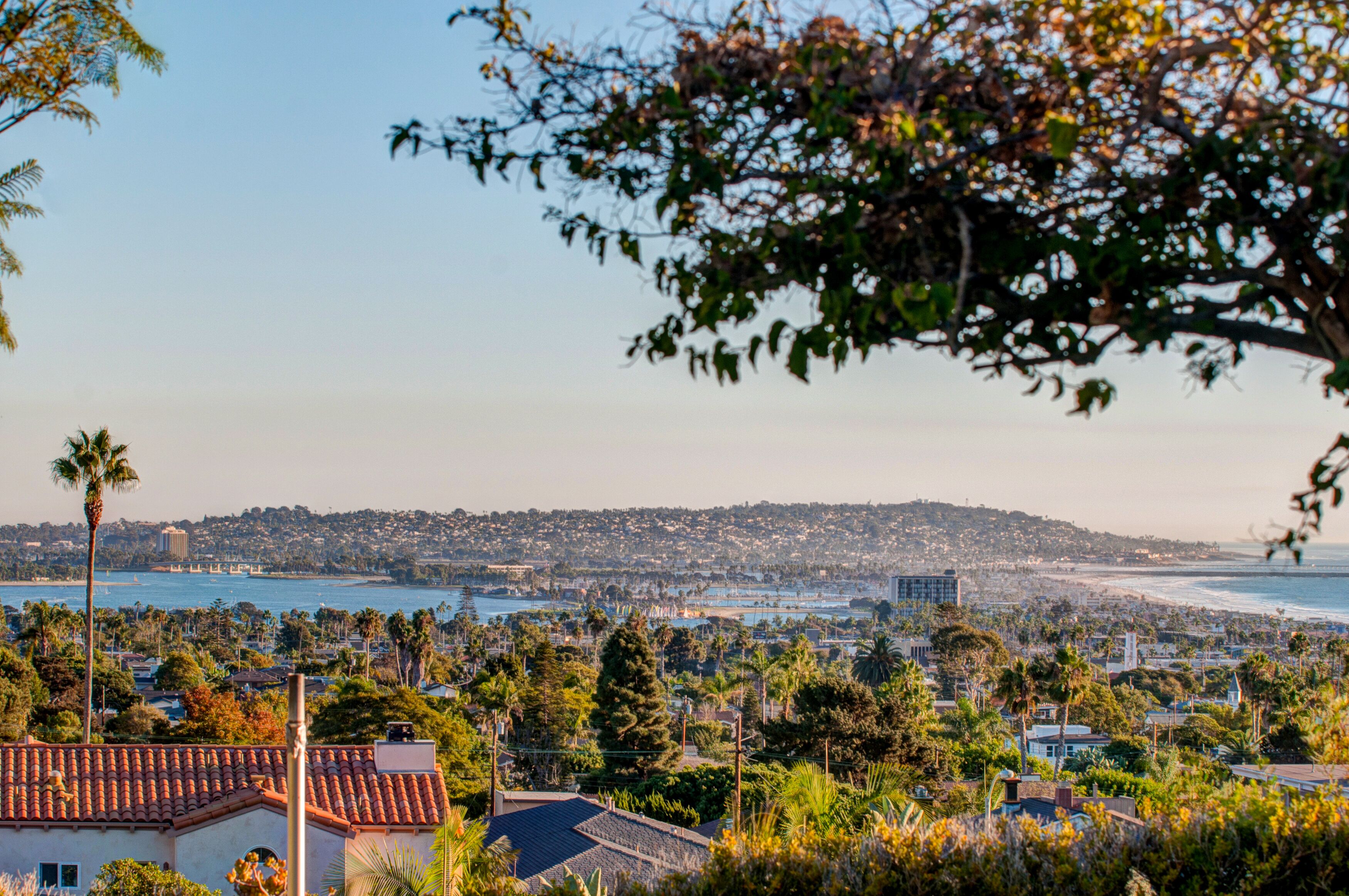 A coastal cityscape with residential buildings, a beach, and a hilly backdrop.