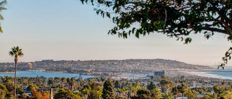 A coastal cityscape with residential buildings, a beach, and a hilly backdrop.
