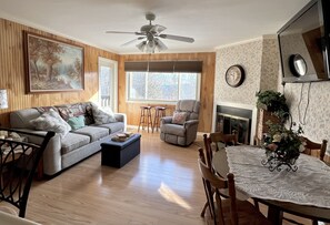 Televisión, chimenea, reproductor de DVD y futbolito 