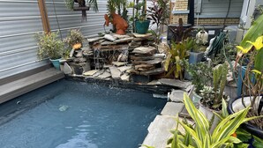 A small outdoor swimming pool with a waterfall feature, surrounded by various potted plants and a rustic stone structure.