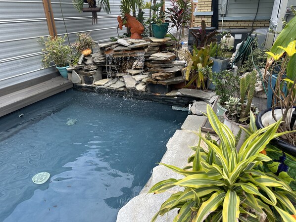 Una pequeña piscina exterior con cascada, rodeada de plantas en macetas y una estructura de piedra.