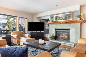 Una televisión, una chimenea, un reproductor de DVD