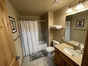 Combined shower/tub, jetted tub, hair dryer, towels