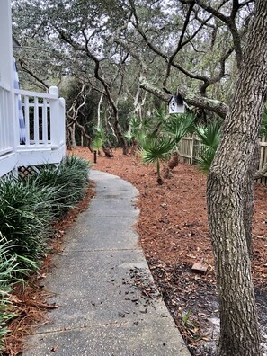 A pathway leading through a wooded area with a white building on the left.