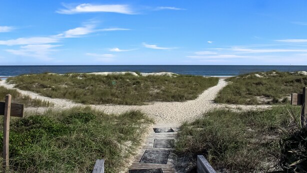 A sandy beach path leading to the ocean, surrounded by grassy dunes. - Beautiful First Floor Oceanfront Condo at Amelia Surf and Racquet-Close to Pool! (Fernandina Beach)