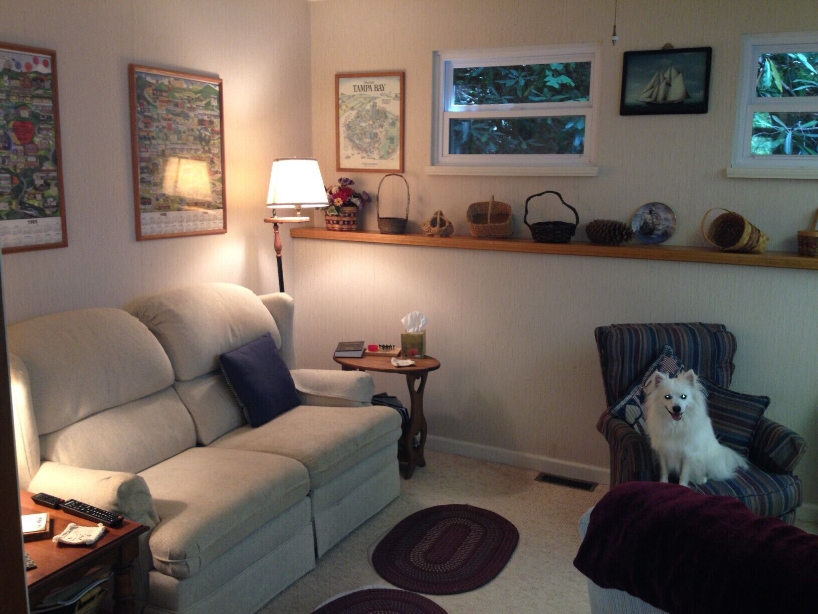A living room with a sofa, a chair, a lamp, a small table, and a dog.