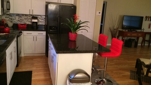 Cocina compacta con armarios blancos, refrigerador negro y una planta roja en la encimera.