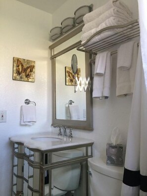 A bathroom with a double sink, a toilet, a mirror, and a towel rack. - Home Away From Home/Pets Welcome (Wilton Manors)
