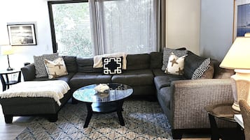 Smart-tv, een open haard, een dvd-speler en boeken