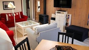 Ein gemütliches Wohnzimmer mit einem roten Sofa, einem gestreiften Sofa, einem Couchtisch, einem Fernseher, einem Bücherregal und einem Kamin.